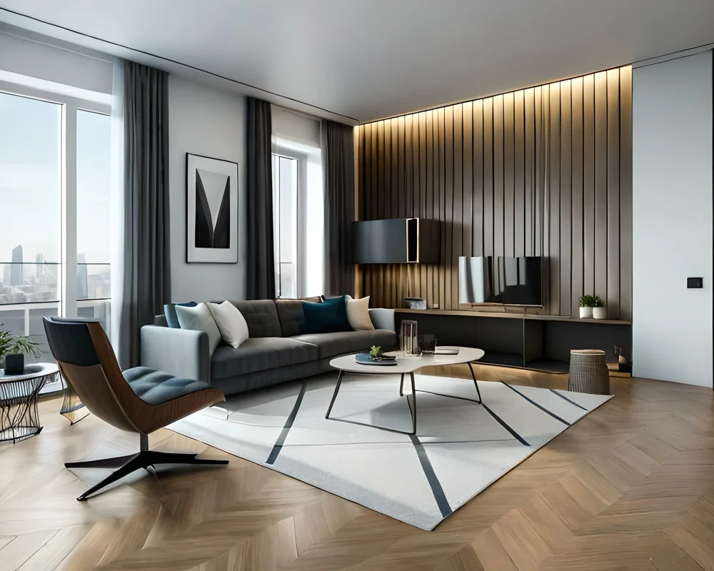 Modern living room with wide-plank wood flooring and a light area rug
