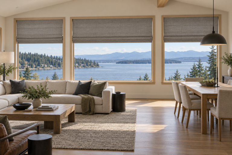 Waterfront great room with linen Roman shades
