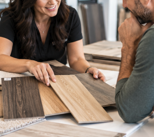 Customer reviewing wood flooring samples with a design consultant